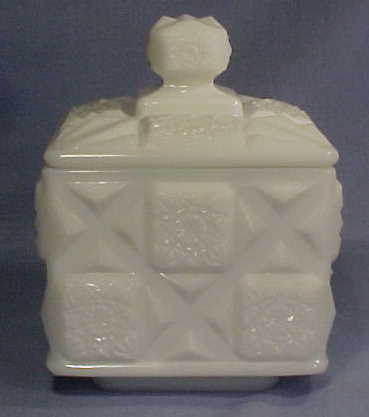 Westmoreland Old Quilt Milk Glass Puff Box