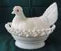 Atterbury Milk Glass Hen w Glass Eye on Lacy Base