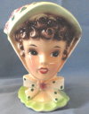 Unmarked 5-1/2" Lady Head Vase Glossy Green Polka Dot Hat 