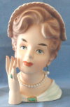 Relpco K1402 7" Lady Head Vase Green Bonnet and Jewelry